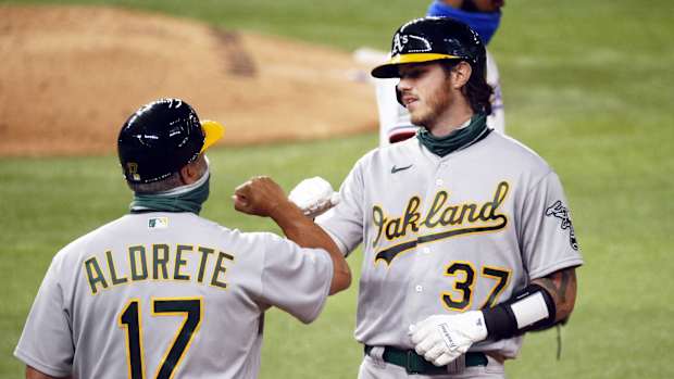 Jonah Heim after collecting his first big-league hit on Aug. 25